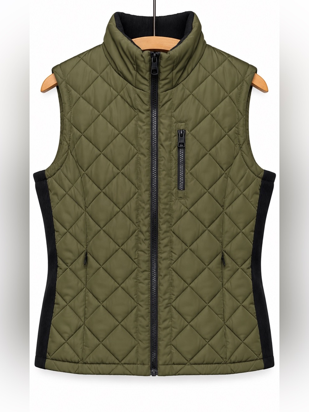 Andrew Marc Olive Quilted Vest with Black Panels